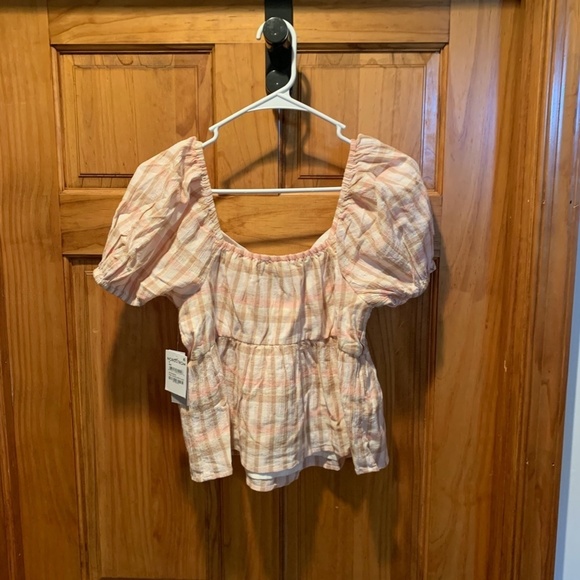 BP Babydoll Peplum Hem Blouse In Pink Beige Plaid Small NWT - Picture 3 of 7
